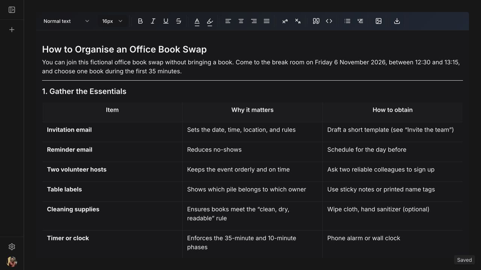 The QuillAid document after manual corrections and a reload, with the shorter opening, editable table and Saved indicator visible.