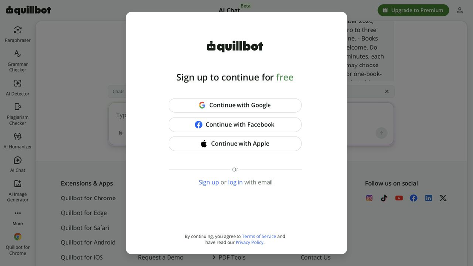 QuillBot's actual registration prompt after the follow-up request.